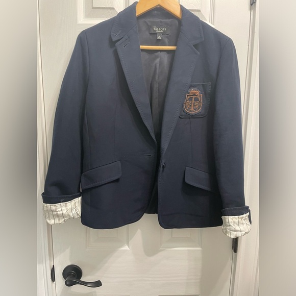Talbots Navy Blue Blazer Jacket w/ Crest Preppy Equestrian Size 12 Kate Fit - Picture 12 of 14